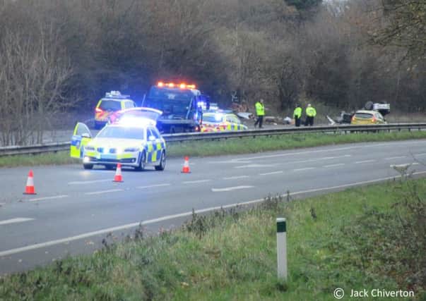 The A27 near Fontwell was closed after a car collided with a lorry. Picture: Jack Chiverton