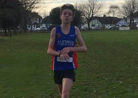 George Pool crosses the line to win the under-17 boys' race in the Sussex Cross-Country League match at Lancing Manor. Picture courtesy Terry Skelton