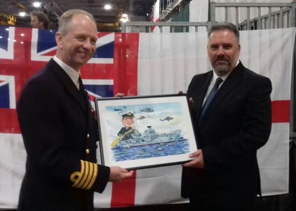 Sean Savage presenting the painting to Commodore Jerry Kyd