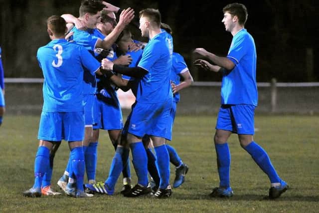 Mullets players celebrate a goal at Hassocks. Picture by Steve Robards
