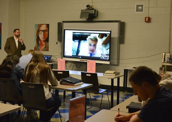 Tim Loughton Skyping with a sixth form politics class at the Vernon High School in Sussex County, New Jersey, USA