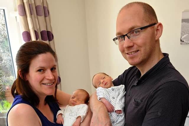 Jo and Gareth with the twins earlier this year after they were born eight-and-half weeks early. Picture: Stephen Goodger