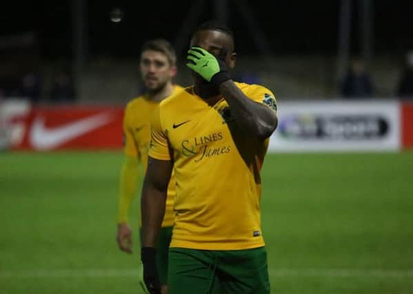 Tony Nwachukwu shows his frustration in Horshams 4-1 defeat to Corinthian Casuals, but he was praised for looking sharper. Picture by John Lines