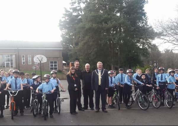 Mayor councillor James Knight with Warden Park Primary Academy pupils and their bikes. Picture: Haywards Heath Town Council
