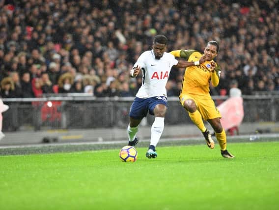 Tottenham Hotspur full-back Serge Aurier gets goalside of Jose Izquerido before putting in the cross that gave the home side the lead at Wembley. Picture by PW Sporting Pics