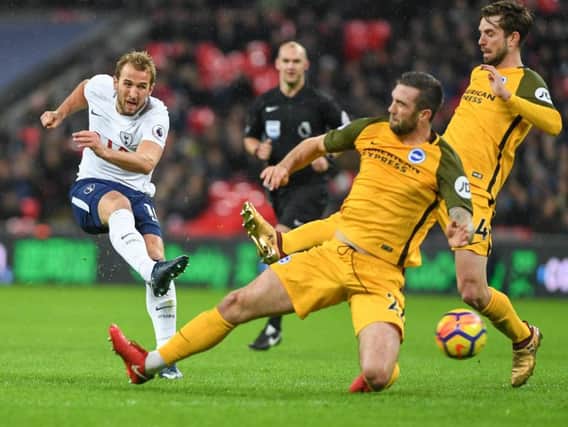 Tottenham striker Harry Kane fires in a shot at Wembley last night. Picture by Phil Westlake (PW Sporting Photography)