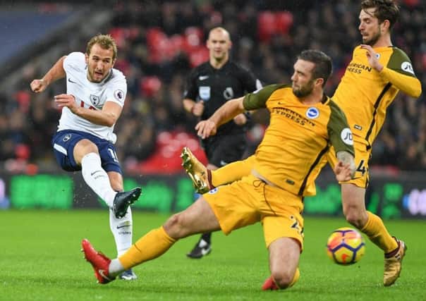 Tottenham striker Harry Kane fires in a shot at Wembley last night. Picture by Phil Westlake (PW Sporting Photography)