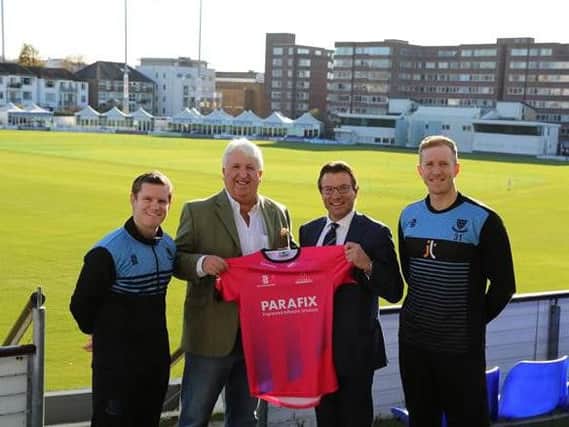 Sussex players Ben Brown and Luke Wells with Parafix Managing Director, Michael Punter and Sussex Crickets Chief Executive, Rob Andrew.