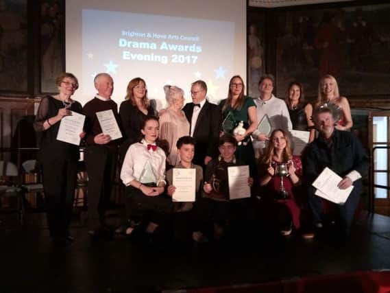 Winners of the Brighton and Hove Arts Council Drama Awards 2017 with adjudicator Trevor Jones and compere Kate Dyson