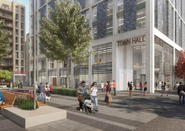 An application for a new town hall, 182 flats, and commercial space has been submitted by Crawley Borough Council and Westrock