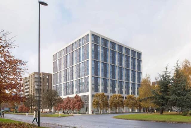 An application for a new town hall, 182 flats, and commercial space has been submitted by Crawley Borough Council and Westrock