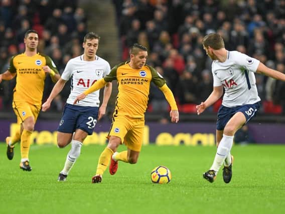 Anthony Knockaert on the run against Tottenham at Wembley last night. Picture by Phil Westlake (PW Sporting Photography)