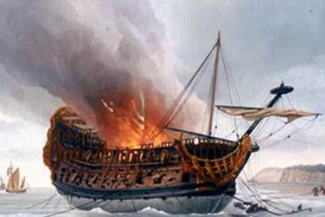By amusing coincidence the full name of the French Admiral who brought about the destruction of HMS Anne was Anne-Hilarion, Comte de Tourville! His portrait appears here inset in a painting of the British ship on fire and drifting towards the coast near Hastings.