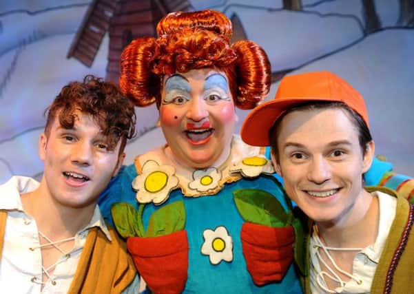 Olly Pike as Jack Trott, Hywell Dowsell as Dame Trott and James Fletcher as Simple Simon. Picture by Steve Robards, SR1724931