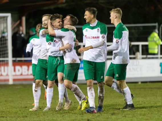 Bognor's players celebrate Doug Tuck's late goal in the win at Taunton / Picture by Tim Norbury