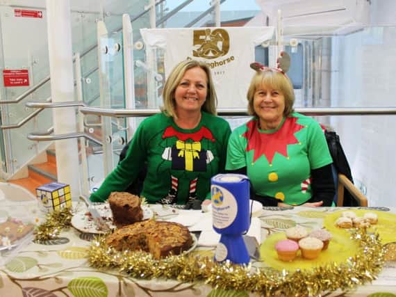 Rockinghorse volunteers Louise and Christine dressed as elves and held a bake sale at the Royal Alex to raise funds