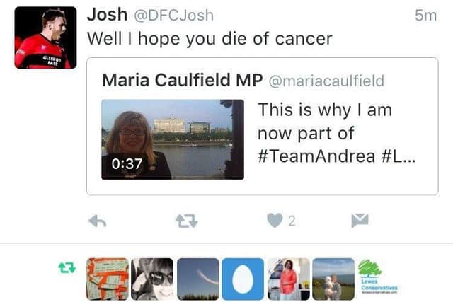 Abuse received by Maria Caulfield MP on Twitter. Image submitted by the office of Maria Caulfield