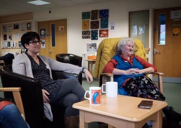 Bev and a visitor to the latest Death Cafe, this time held at St Wilfrid's Hospice