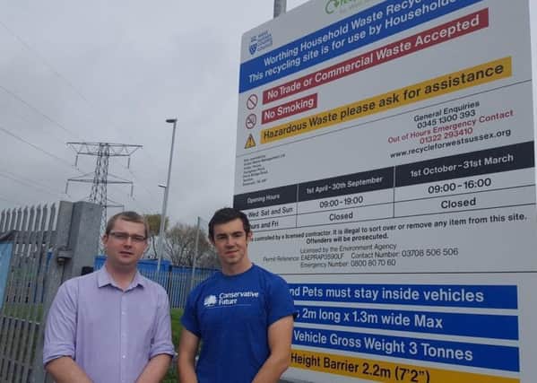 Cllr Callum Buxton and Cllr Alex Harman campaigning for increased opening hours at Worthing Tip earlier this year