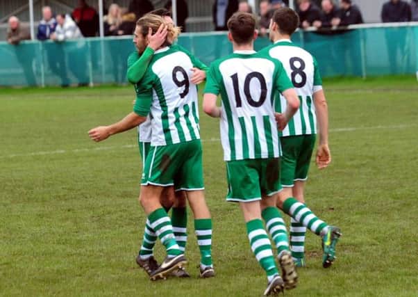 City celebrate a goal against Uckfield - will there be similar scenes when Pagham visit? Picture by Kate Shemilt