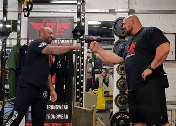 Four-time World's Strongest Man, Brian Shaw (right), during a seminar at IF Barbell in St Leonards.
