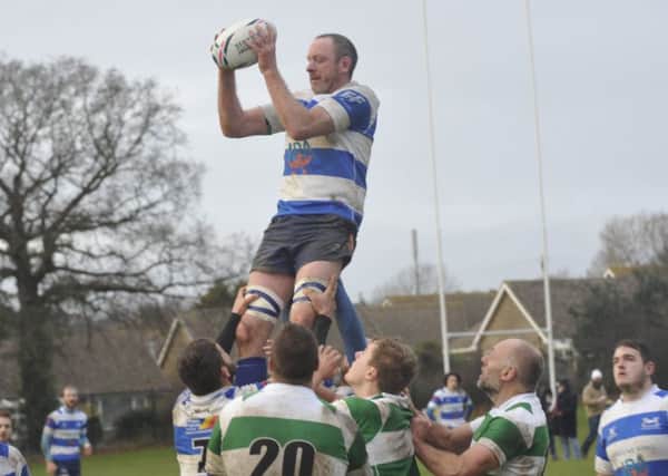 Jimmy Adams claims the ball at a lineout during Hastings & Bexhill's victory over Folkestone last weekend. Pictures by Simon Newstead