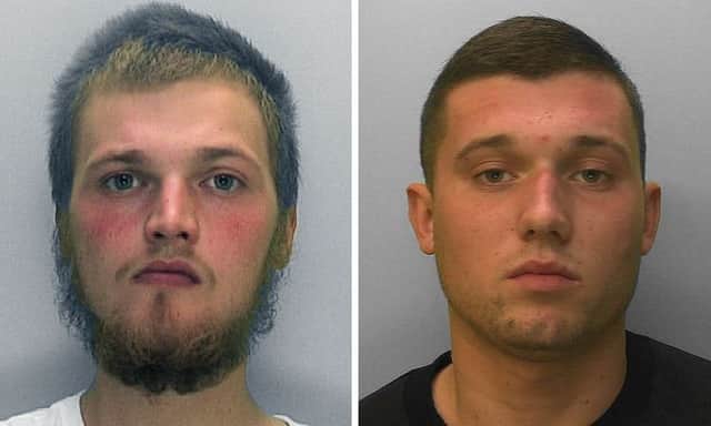 Michael Bissett (left), 19, of Lyon Street, Bognor Regis and George Lawrence, 21, of no fixed address but from the Bognor Regis area (right) have both been sentenced for sexually assaulting a girl. Picture supplied by Sussex Police