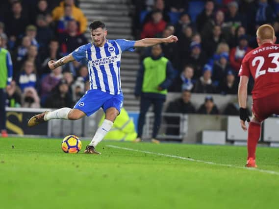 Pascal Gross fires Brighton & Hove Albion's ahead against Watford. Picture by PW Sporting Photography