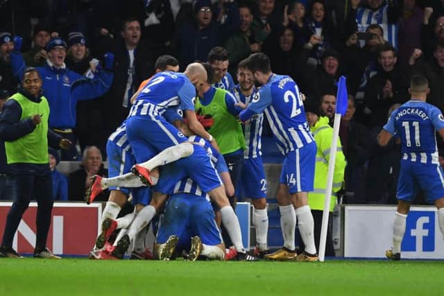 Albion celebrate Pascal Gross' goal against Watford. Picture by PW Sporting Photography