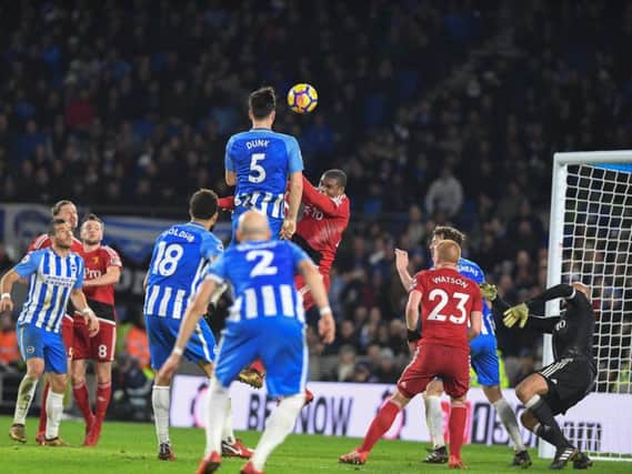 Lewis Dunk goes close with a header during Brighton's 1-0 win against Watford. Picture by Phil Westlake (PW Sporting Photography)