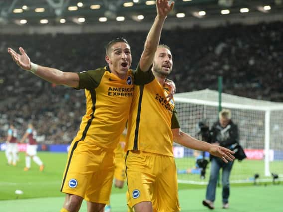 Anthony Knockaert and Glenn Murray celebrate a goal in Albion's 3-0 win at West Ham. Picture by Phil Westlake (PW Sporting Photography)