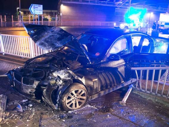 Car crashes into barriers at Teville Gate, Worthing, Christmas Day 2017. Photo by Eddie Mitchell