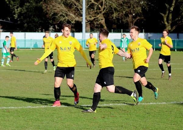 Goal celebrations for Pagham at Oaklands Park / Picture by Roger Smith