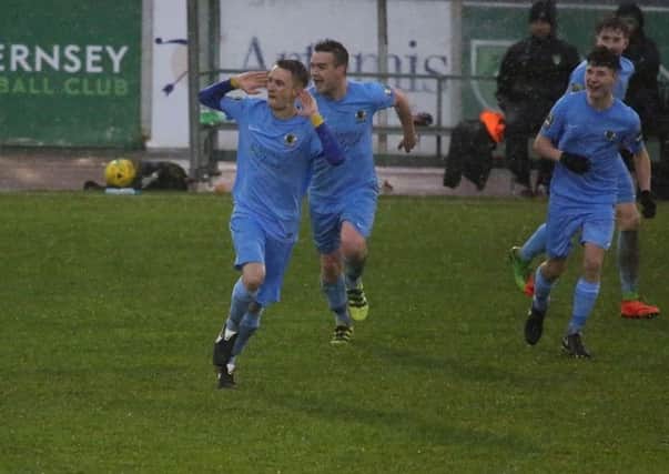 Darren Boswell celebrates his strike. Guernsey v Horsham. Picture by John Lines SUS-171227-141531001