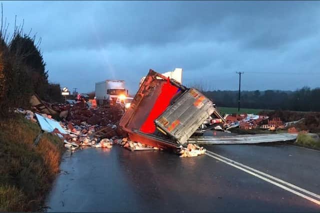 A bread lorry has overturned on the A21. Photo courtesy of Highways England. SUS-171229-092912001