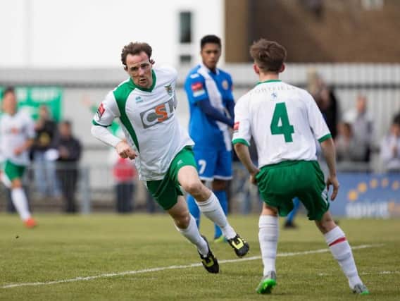 Gary Charman celebrates his goal against Harlow last April / Picture by Tim Hale