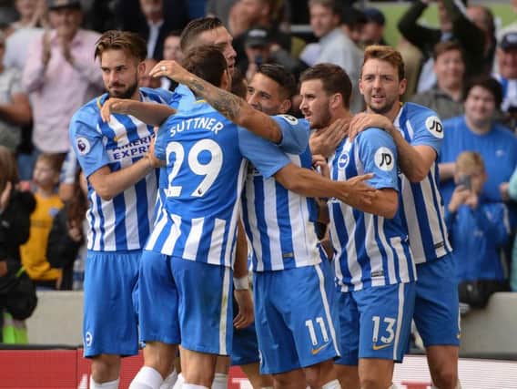 Brighton celebrate a goal against West Brom in September. Picture by Phil Westlake (PW Sporting Photography)