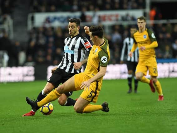 Lewis Dunk challenges Joselu. Picture by Phil Westlake (PW Sporting Photography)