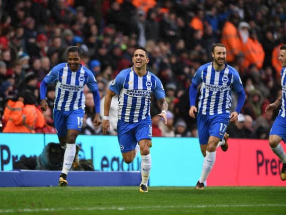 Anthony Knockaert celebrates giving Brighton an early lead. Picture by Phil Westlake (PW Sporting Photography)