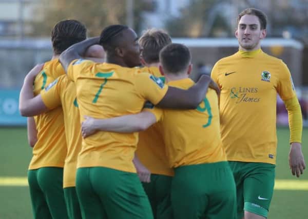 Horsham celebrate against Lewes. Picture by John Lines