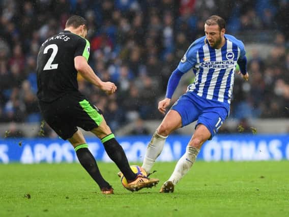 Glenn Murray challenges Simon Francis during the 2-2 draw with Bournemouth. Picture by Phil Westlake (PW Sporting Photography)