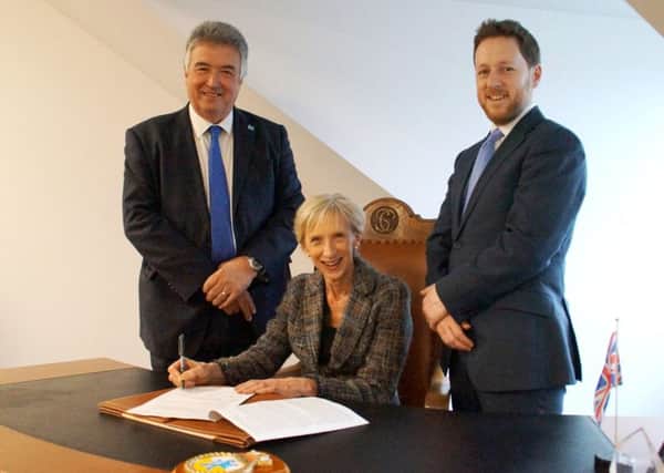 Adur District Council leader Neil Parkin, West Sussex County Council leader Louise Goldsmith and Worthing Borough Council leader Dan Humphreys at the signing of the growth deal