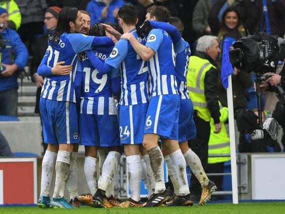 Albion players celebrate the second goal against Bournemouth. Picture by Phil Westlake (PW Sporting Photography)