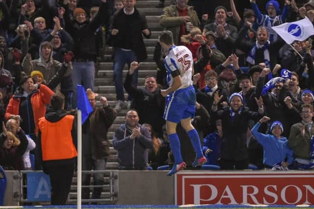 Jamie Murphy celebrates with the Albion fans. Picture by Phil Westlake (PW Sporting Photography)
