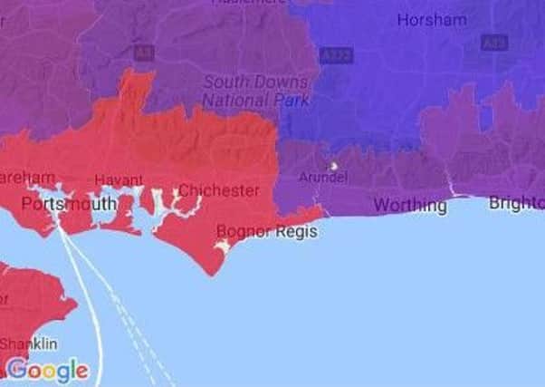 The flu map shows red spots over Chichester and Bognor. Picture: FluSurvey
