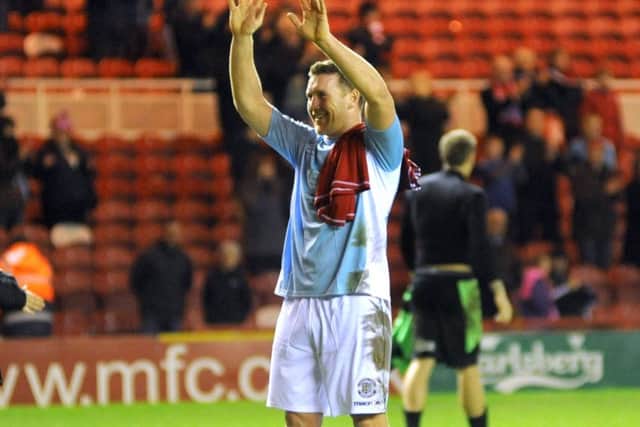 Then Hastings player-manager Sean Ray acknowledges the club's fans at The Riverside Stadium.