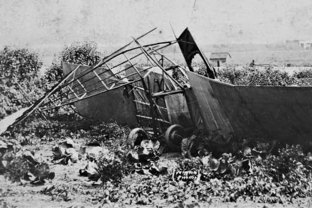 Robert Wrights Avro 500 biplane after it crashed into a garden at New Salts Farm