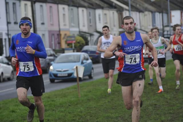 Hastings AC pair Kieron Booker (75) and Rhys Boorman (74) in the senior men's race. Picture by Simon Newstead
