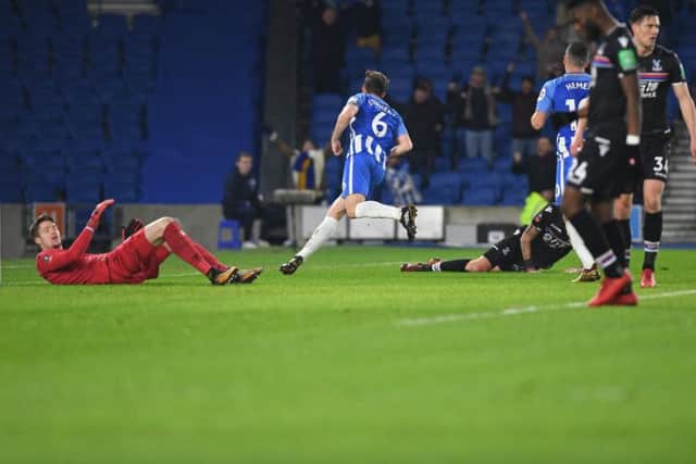 Dale Stephens reels away after giving Brighton & Hove Albion the lead against Crystal Palace in the FA Cup. Picture by PW Sporting Pics