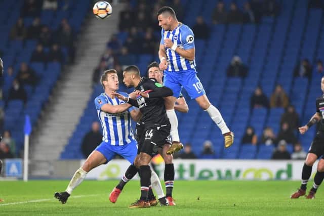 Brighton & Hove Albion's Tomer Hemer sens a header goalwards against Crystal Palace in the FA Cup. Picture by PW Sporting Pics